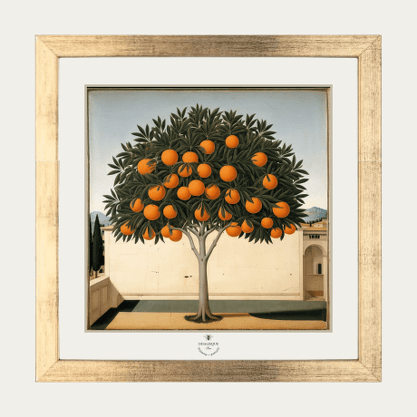 Frame + illustration pack featuring a gilded wooden frame and detailed orange tree illustration on Fabriano Cotton Rag paper.