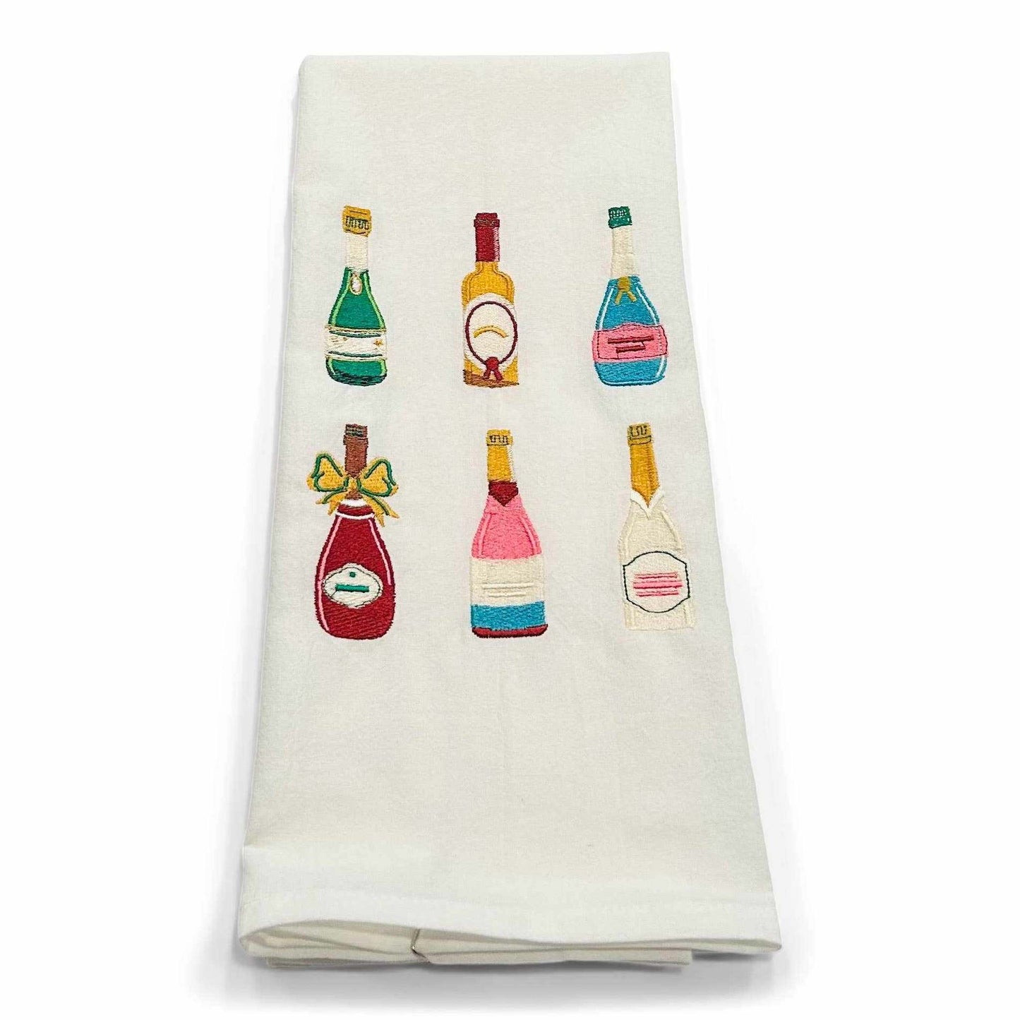 Six Champagne Bottles towel with embroidered champagne bottles on white cotton flour sack dish towel