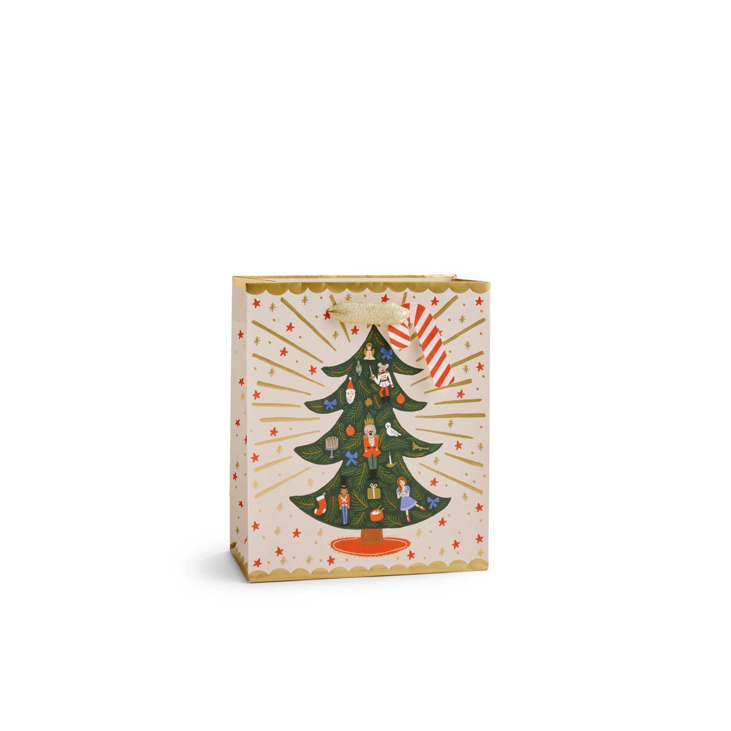 Nutcracker Sweets Gift Bag medium with Christmas tree design, gold foil accents, and cotton ribbon handles