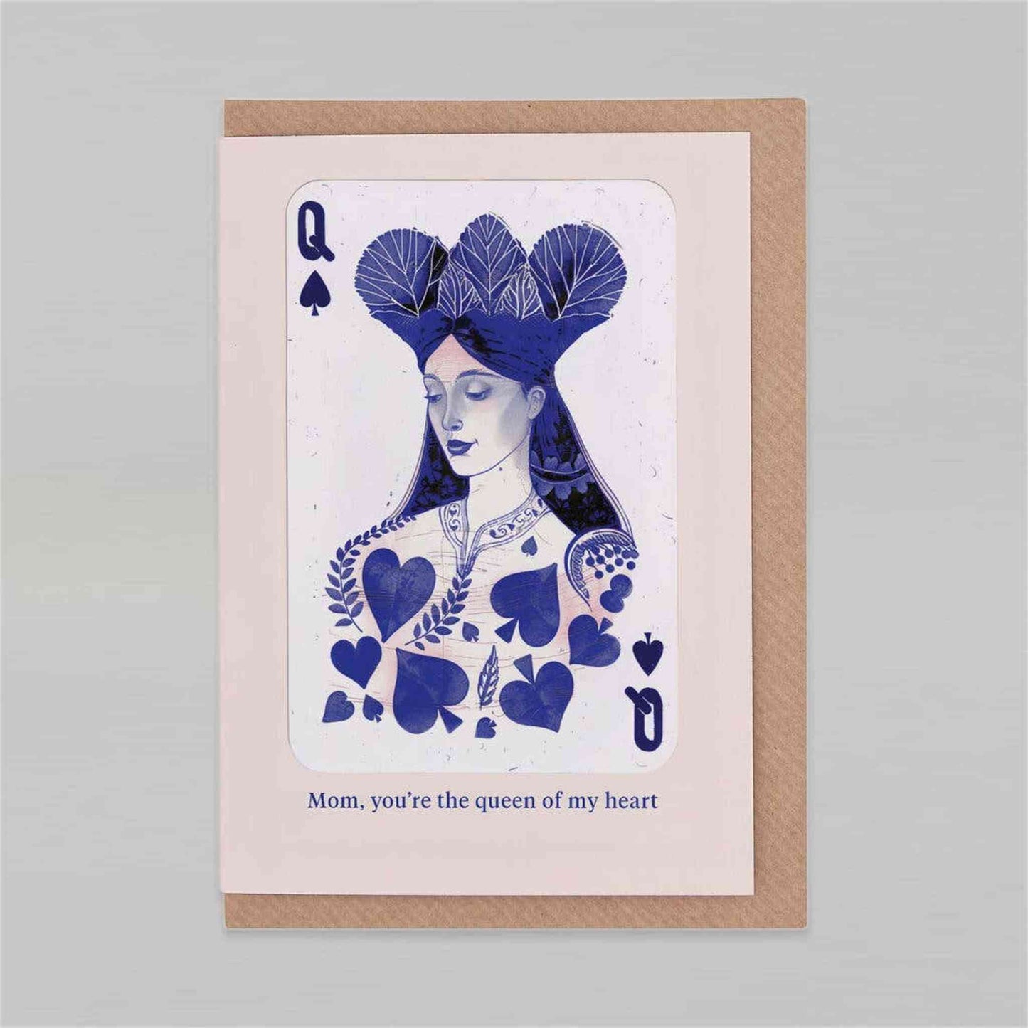 Queen of Hearts Mother's Day card with "Mom, you're the queen of my heart" message, vibrant illustration on matte paper