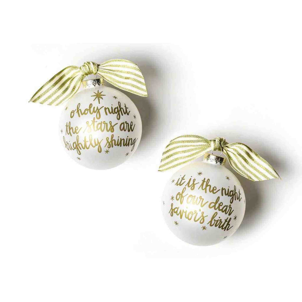 Stars Are Brightly Shining glass ornament with metallic gold lettering and glitter accents, 100mm diameter, Christmas decoration inspired by O Holy Night carol.