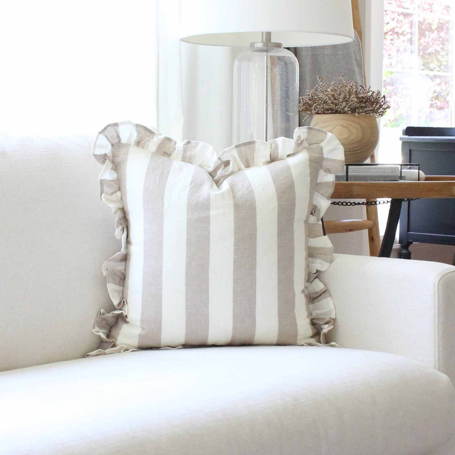 
                  
                    Tan Ruffled Cabana Stripe Pillow Cover - Curated Home Decor
                  
                