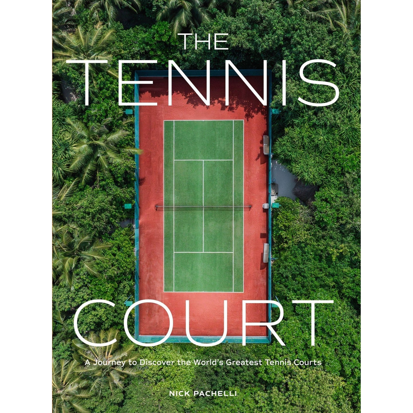 Aerial view of a vibrant tennis court surrounded by lush greenery, featured in The Tennis Court photography book by Nick Pachelli