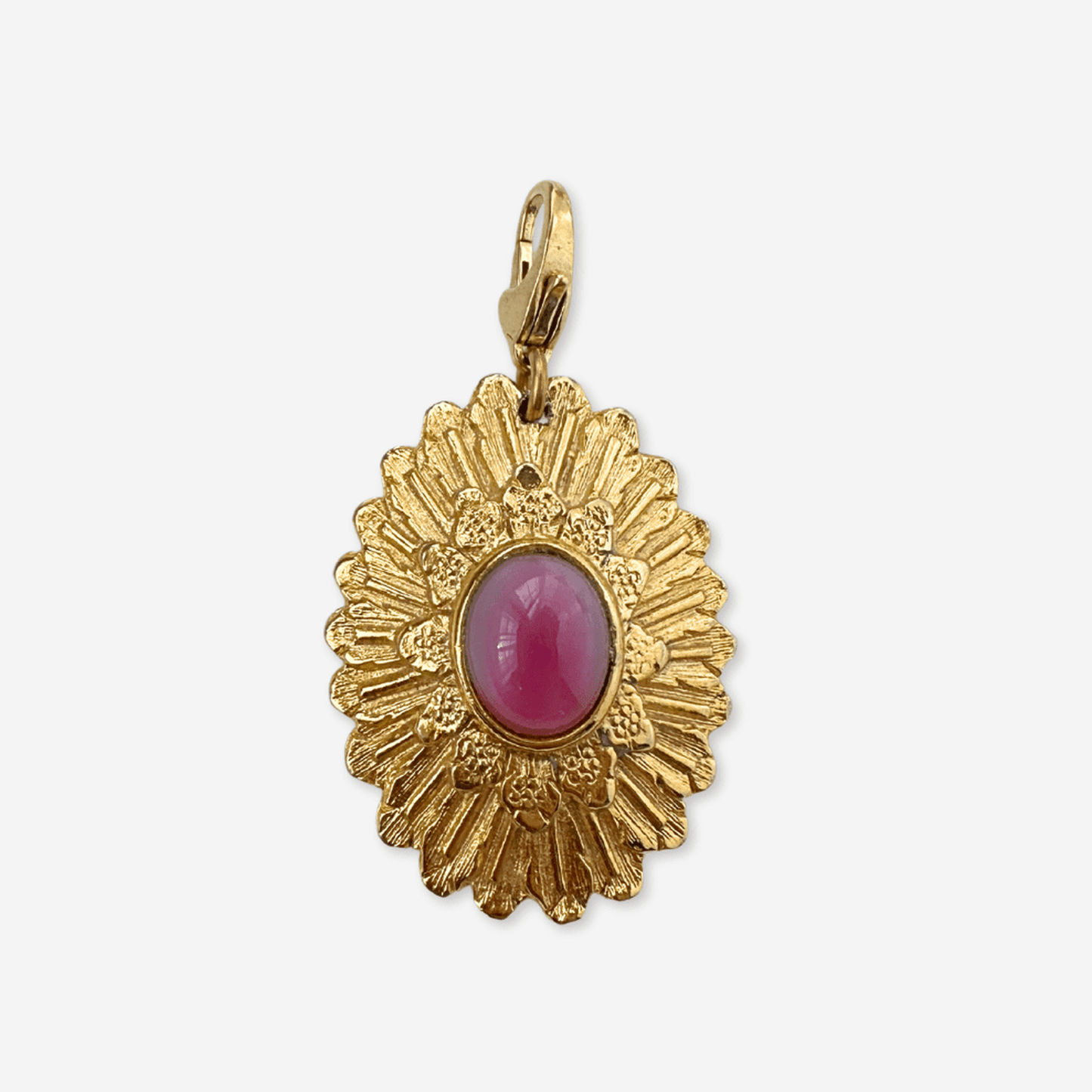 Vintage large gold oval sunburst charm with pink moonstone center and brass clasp