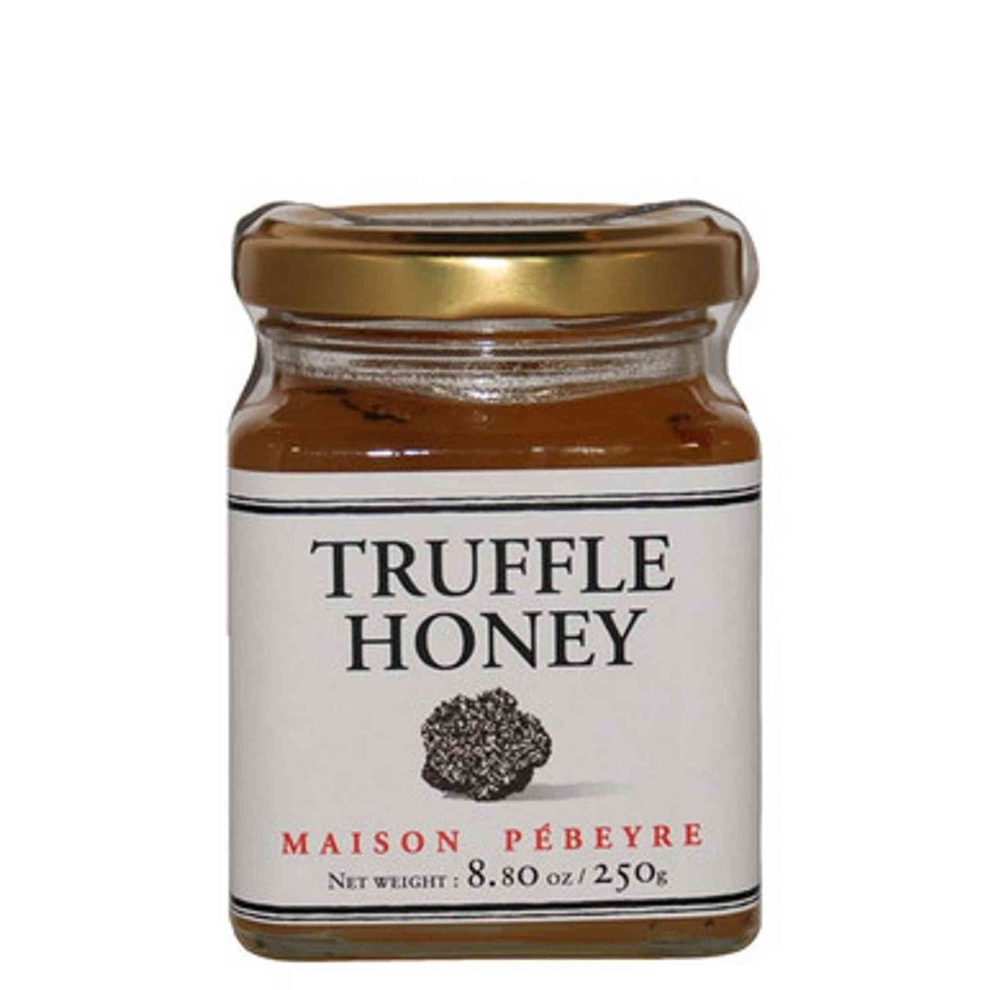 Pebeyre Truffle Honey 8.8oz jar with honey and visible truffle peelings