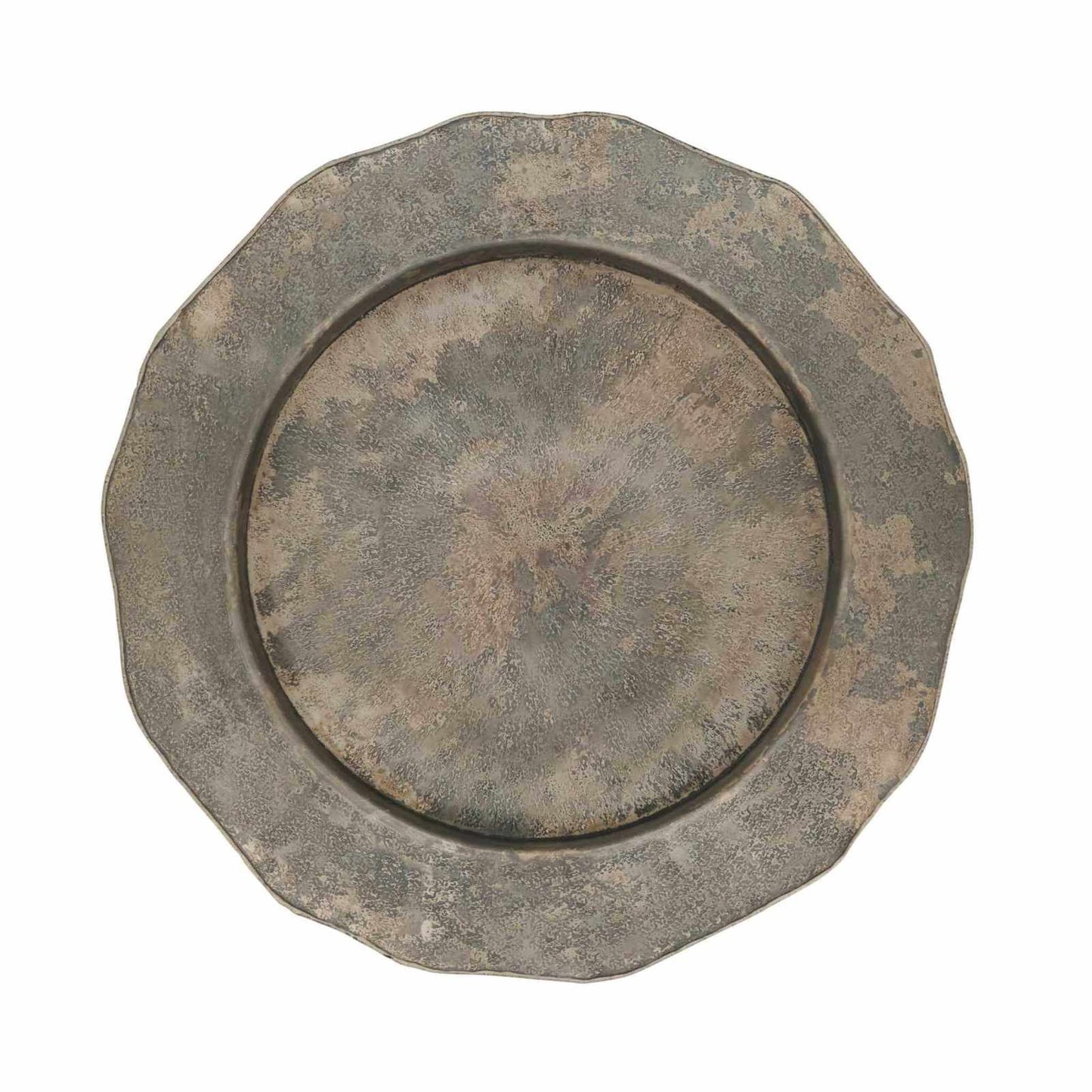 Silver 13-inch scallop edge hammered charger plate with textured finish for elegant table settings