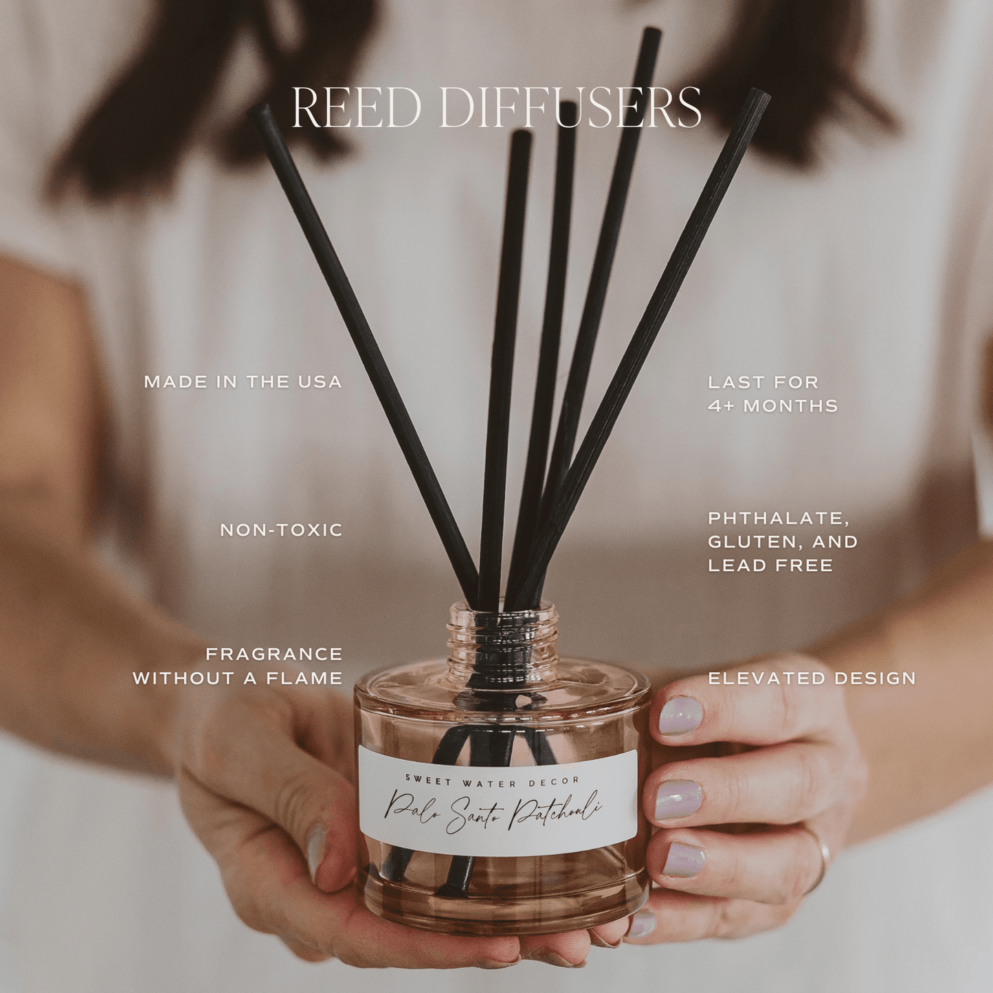 
                  
                    Hello Fall Reed Diffuser in beige glass jar with black reeds, flameless autumn scent lasting 4+ months, non-toxic and made in the USA
                  
                
