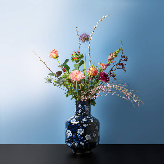 High Ball Vase in Black and Blue Floral
