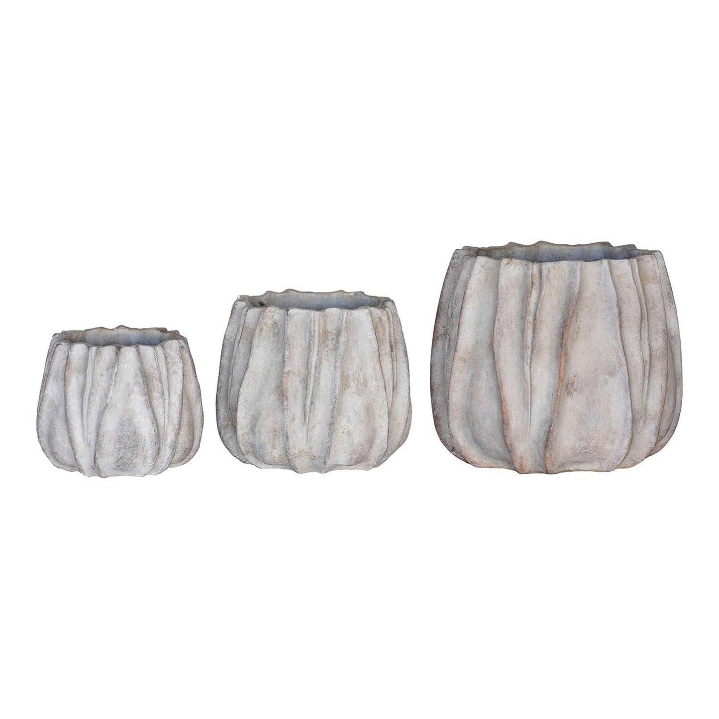 Set of three Concrete Lucid Planters with textured, fabric-like neutral gray exterior in small, medium, and large sizes