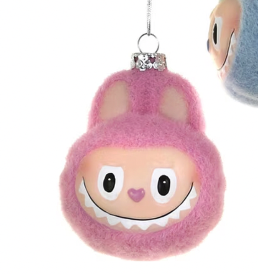 Santa's Sweet Shoppe 3-inch pink glass fuzzy monster face Christmas tree ornament