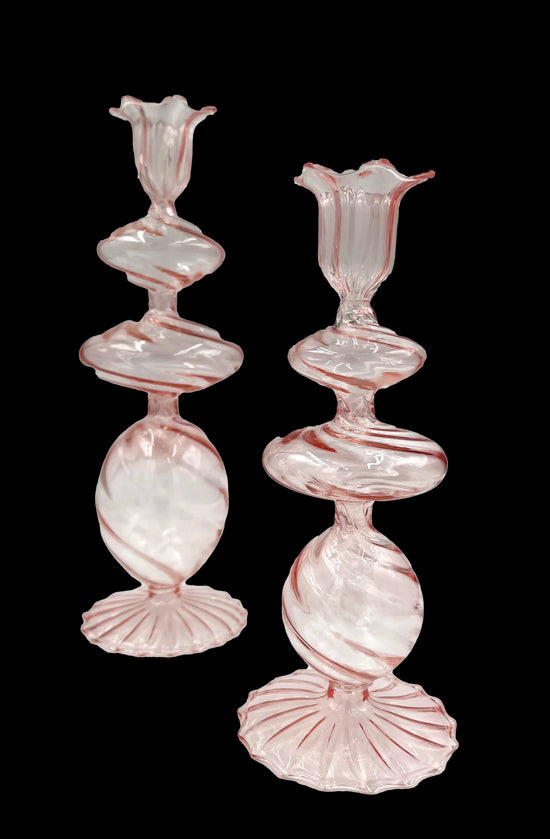 Pink Swirl Glass Candlestick Holder - Curated Home Decor