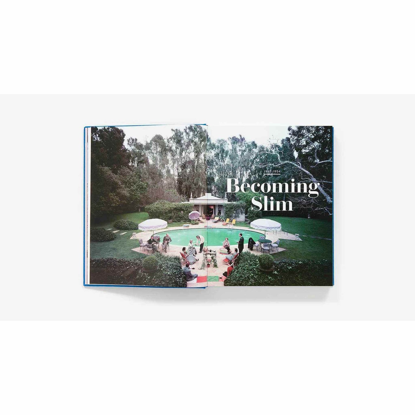 
                  
                    Open book showing Slim Aarons photography collection with a poolside gathering scene titled "Becoming Slim"
                  
                