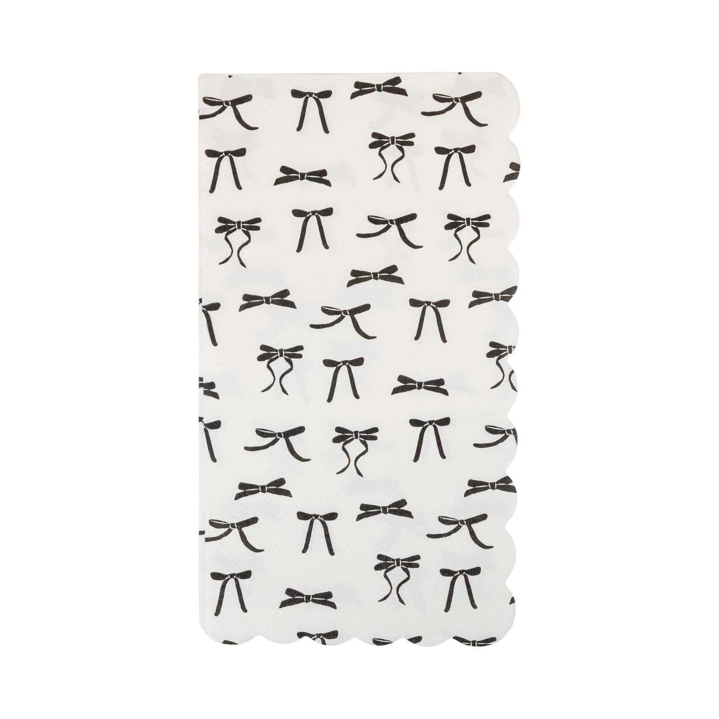 Black Bow Guest Napkin with black bow patterns on white paper, scalloped edges, 4.25 by 7.75 inches