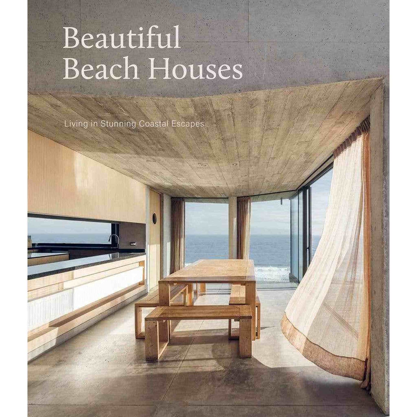Interior view of a modern beautiful beach house with wooden furniture and ocean view