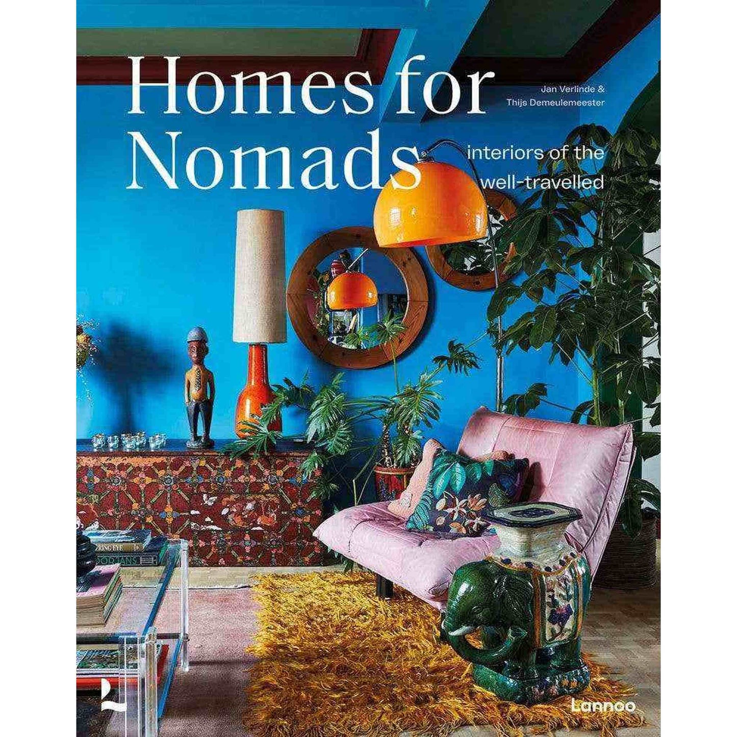 Homes for Nomads book cover showing vibrant, eclectic living room with unique travel-inspired decor and furnishings