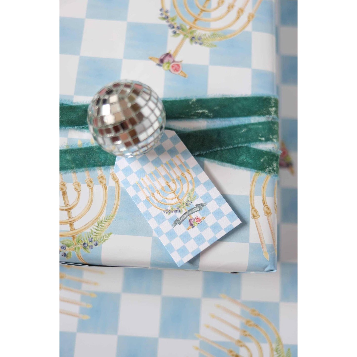 Menorah & Figs Blue Checker Print Gift Wrap - Curated Home Decor