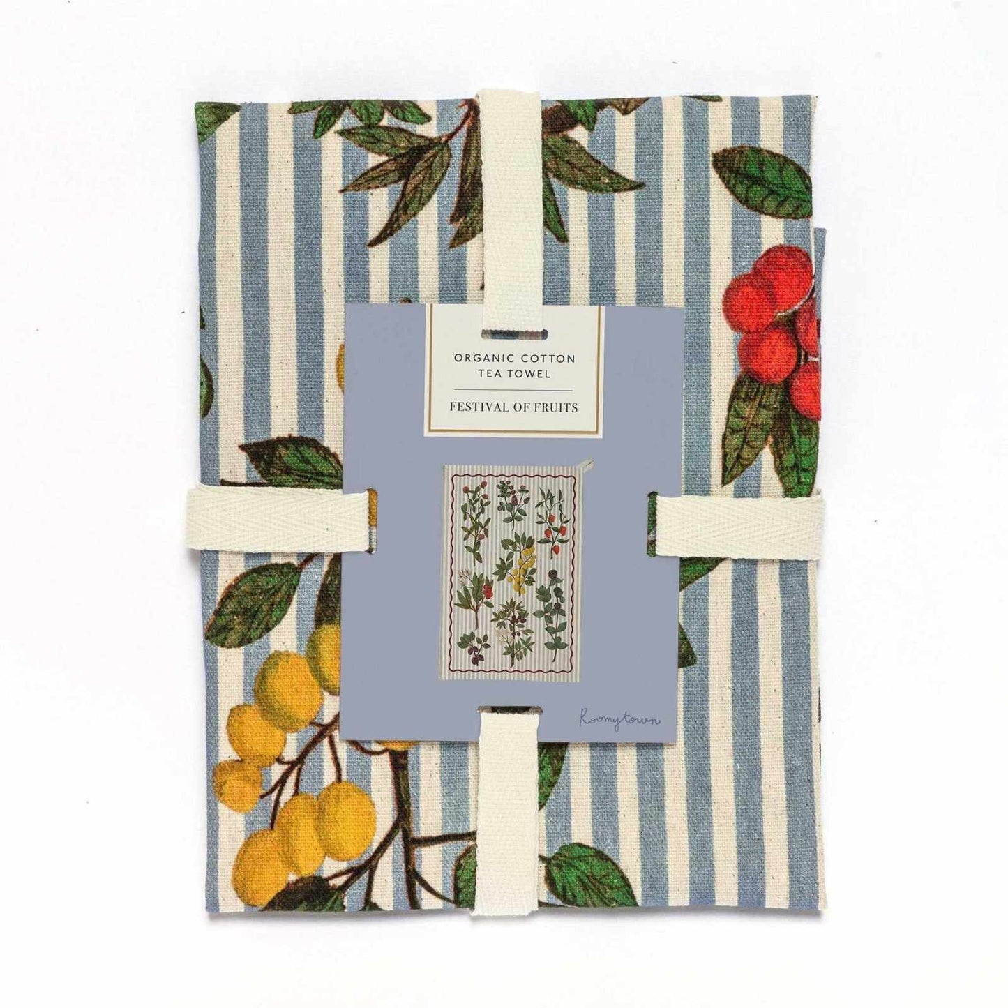 Organic cotton tea towel with 1600s watercolor fruit illustrations and modern stripes, gift-ready with ribbon and hanging loop