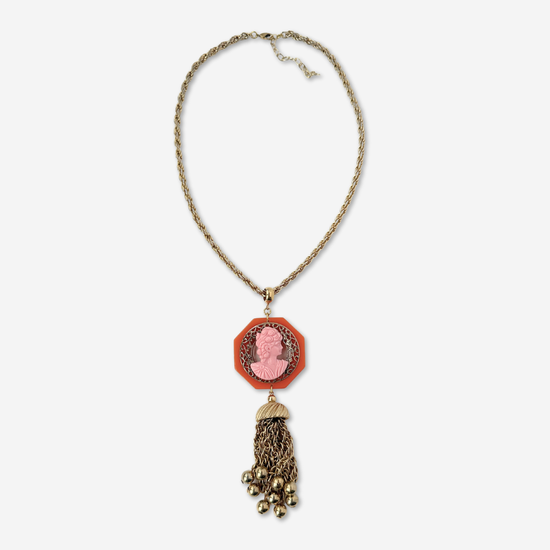 Pink and Orange Bakelite Vintage Cameo Pendant Necklace