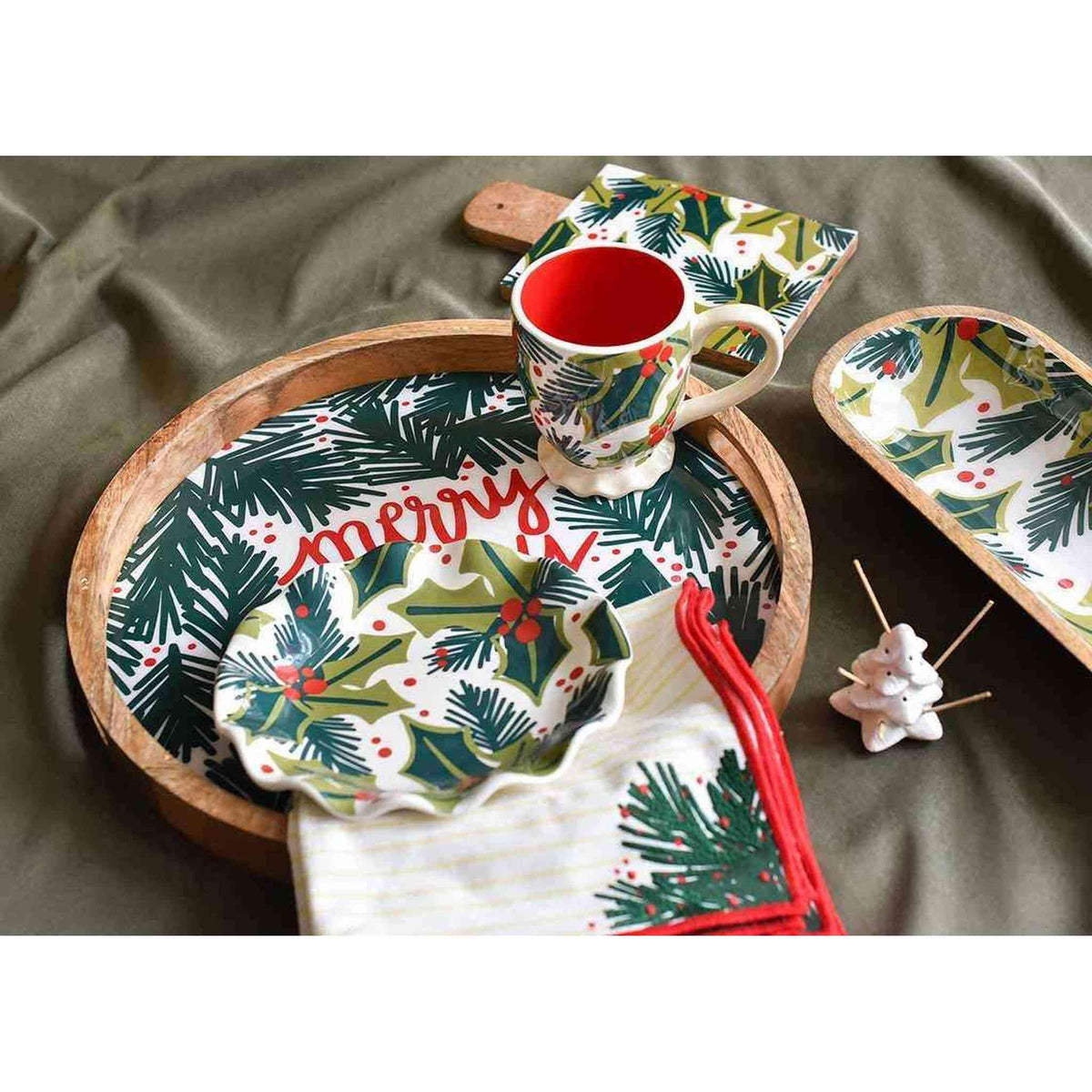 
                  
                    Holly Ruffle Salad Plate with hand-drawn holly and balsam leaves design, 8-inch diameter, festive holiday table decor
                  
                