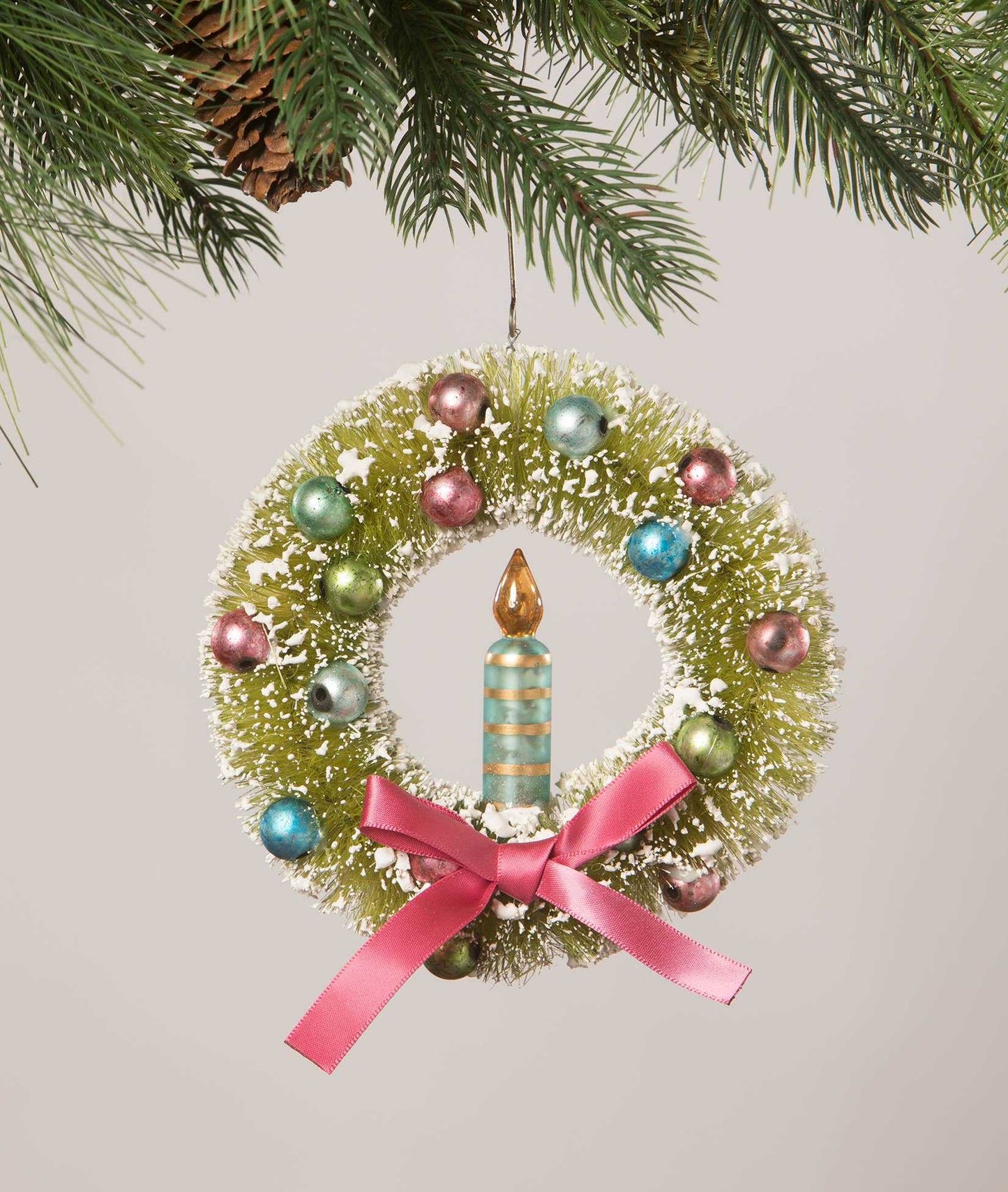 Brights Candle in Wreath Ornament with aqua glass candle, colorful beads, and pink ribbon bow Christmas decoration