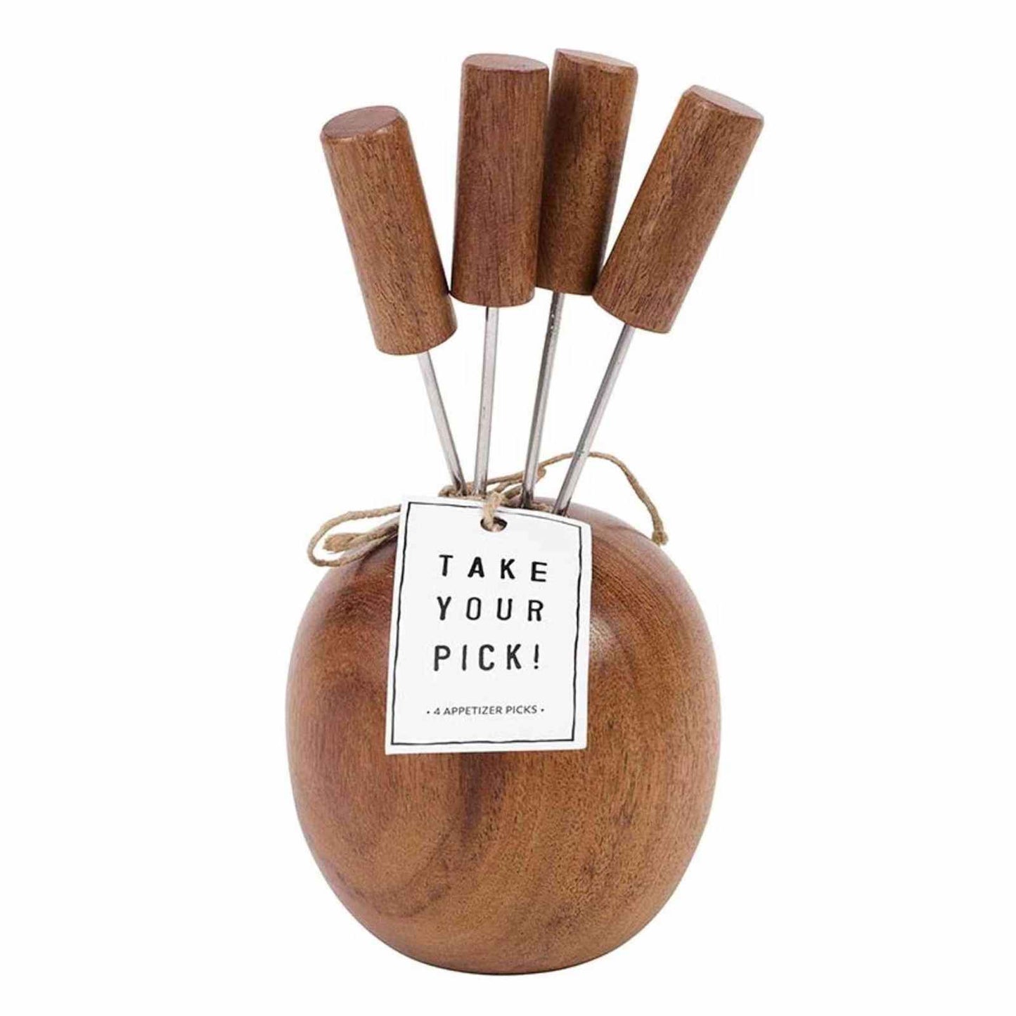 Set of 4 charcuterie appetizer picks with stainless steel tines and polished acacia wood handles in wooden holder