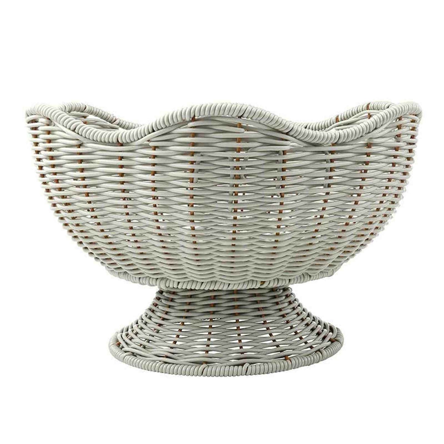 Grey scalloped basket with wave-like edges and pedestal base for versatile home decor and storage.