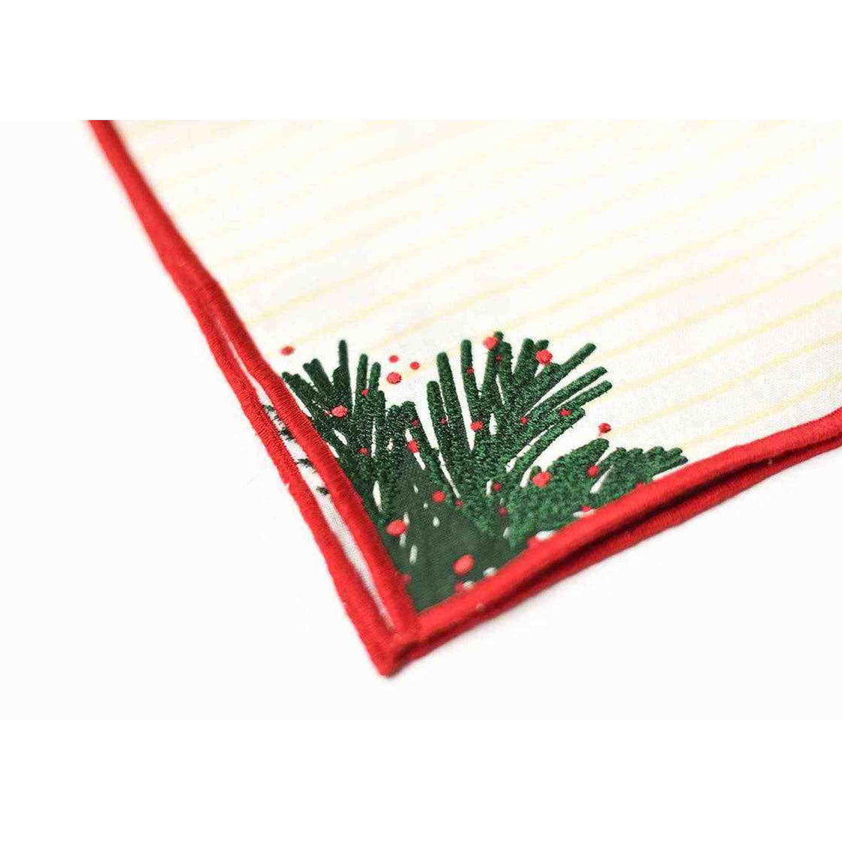 
                  
                    Balsam Stripes Napkins set of 4 with red border and green berry accents on yellow striped linen blend fabric
                  
                