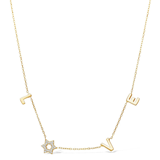 Jewish Star and Love Necklace With Sparkling Stones: Yellow gold plated - Curated Home Decor