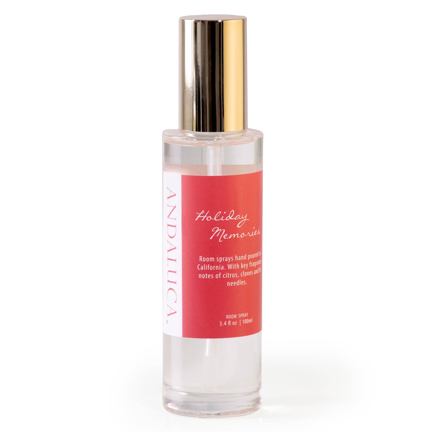 Holiday Memories Room Spray by Andaluca with citrus, pine, and cedarwood scent in 3.5 oz bottle