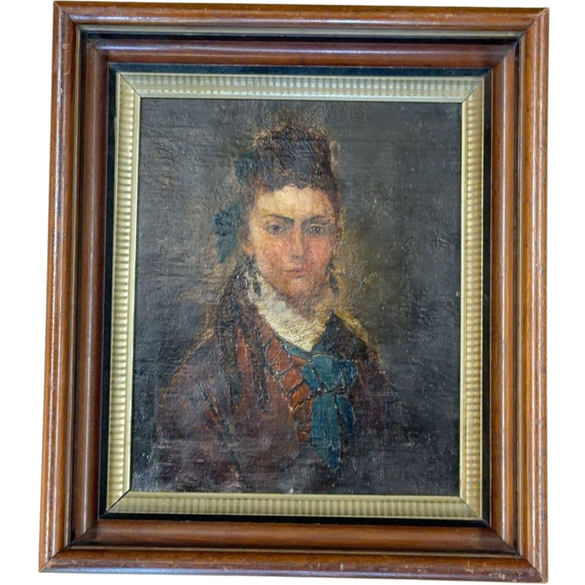 Antique Framed Oil Portrait of a Woman with Blue Bow - Curated Home Decor