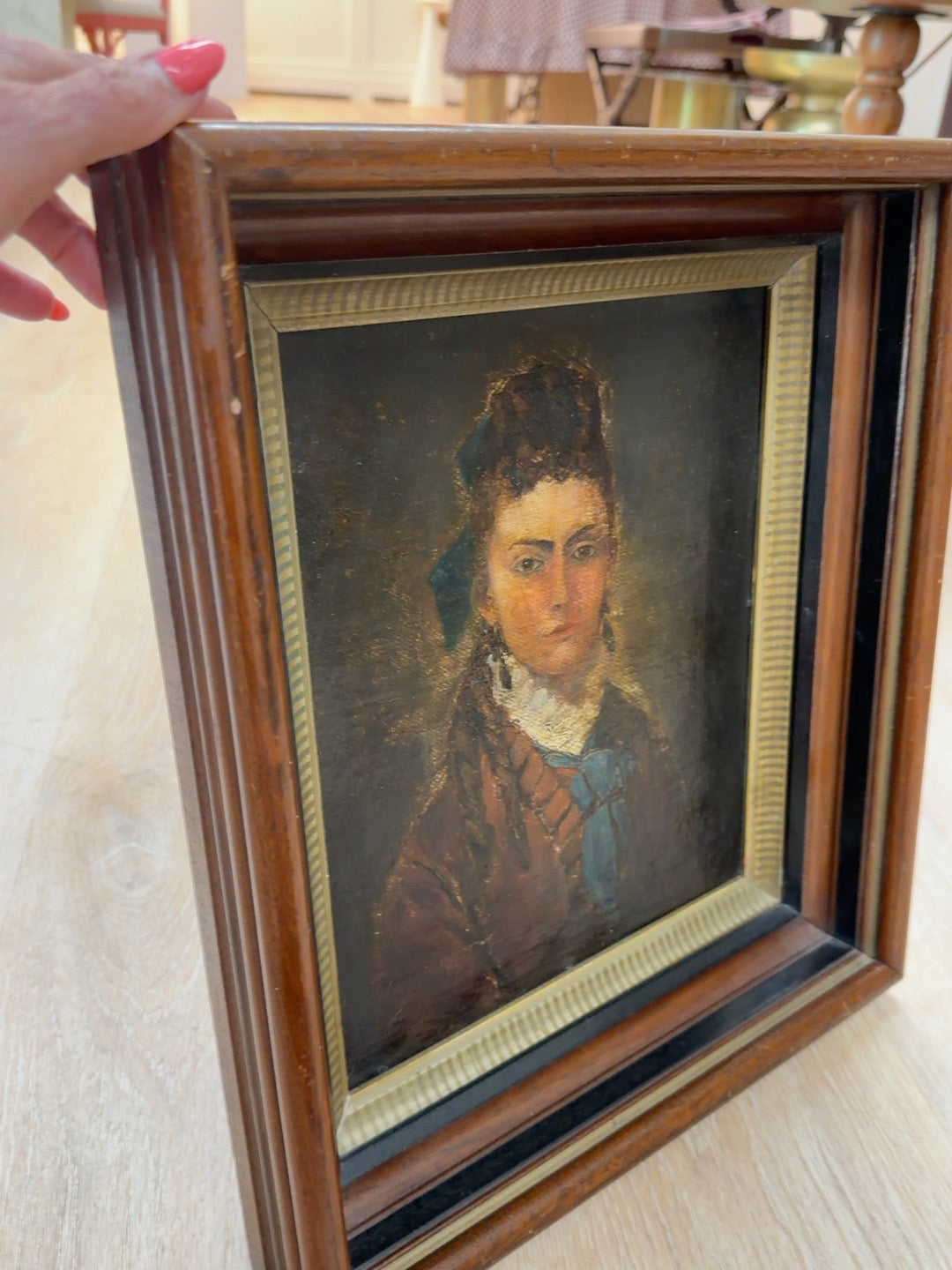 
                  
                    Angled view showing depth of antique wood frame and gilt liner
                  
                