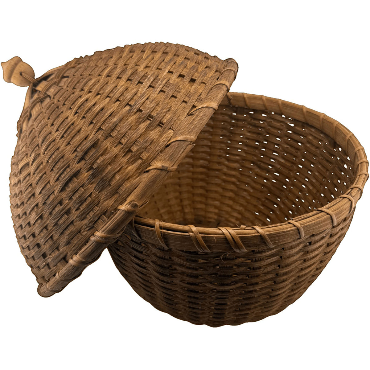Antique Woven Splint Lidded Egg Basket with Carved Acorn Finial - Curated Home Decor