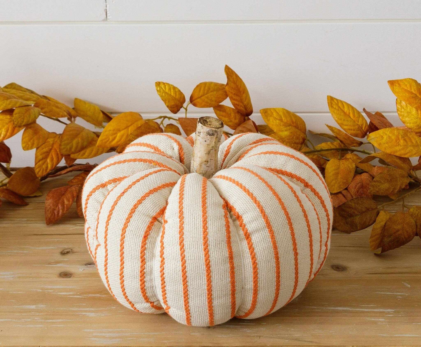 Medium orange striped knit pumpkin with wood stem fall decor