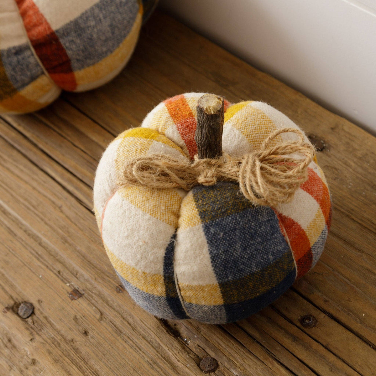 Small Flannel Plaid Pumpkin – Navy, Rust & Mustard - Curated Home Decor