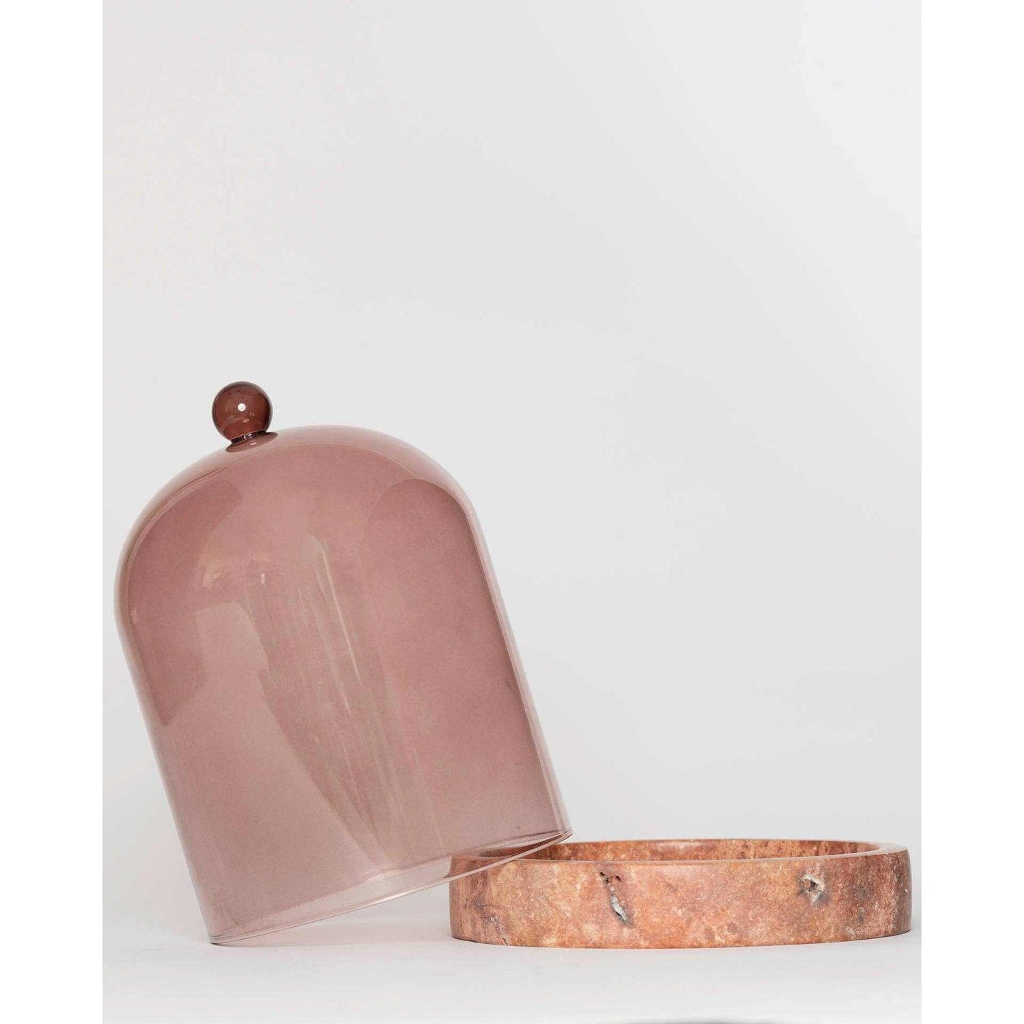Tinted glass Nude Cloche candle cover with travertine stone coaster for elegant candle display