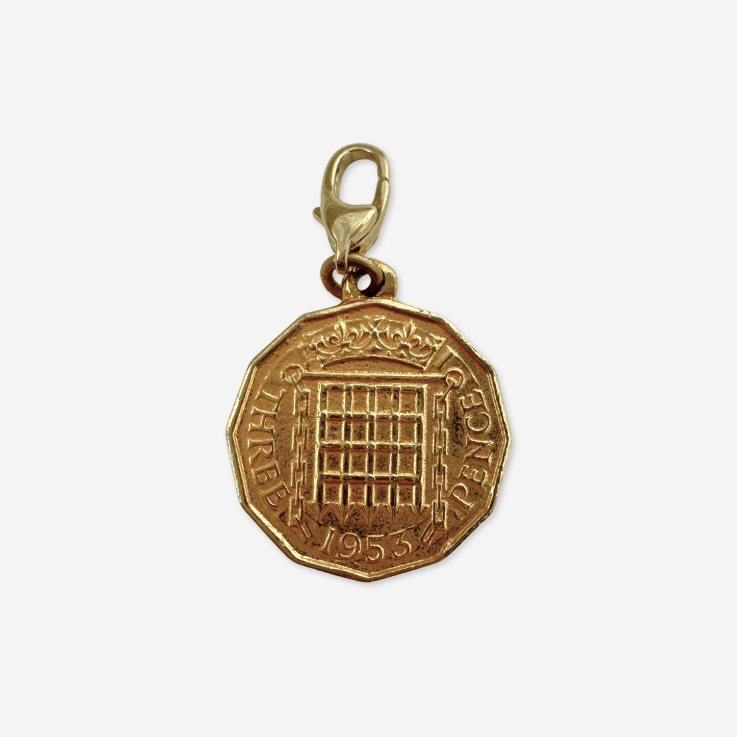 Small vintage gold plated Queen Elizabeth three pence coin charm with brass lobster clasp