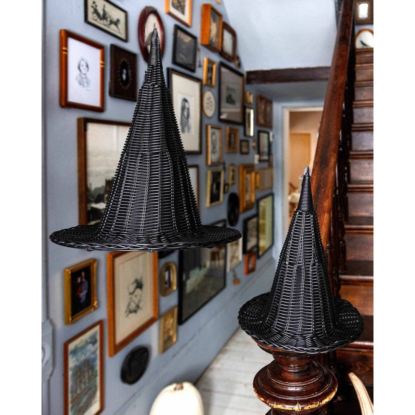 Witches hat faux wicker Halloween decor with wire frame in rustic black design