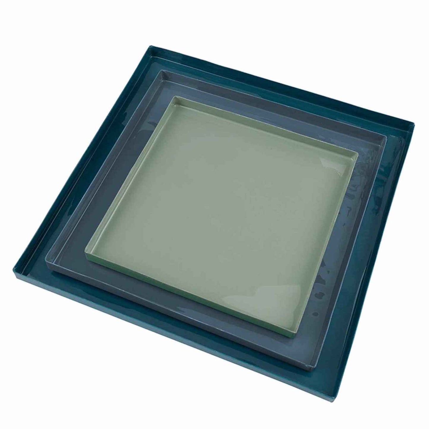Set of 3 nested blue enamel square trays with smooth finish and modern design