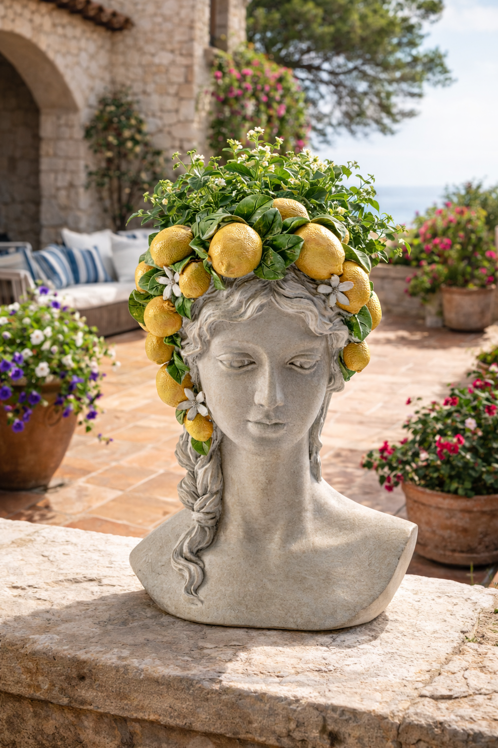 Mediterranean lady bust planter with lemon crown and stone-like finish for herbs and succulents