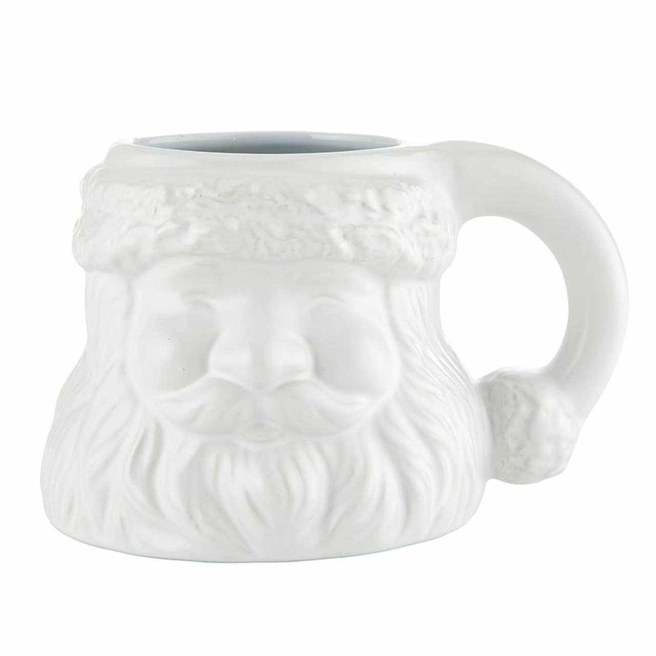 White ceramic Santa face mug with detailed beard and hat handle, 15 oz holiday drinkware