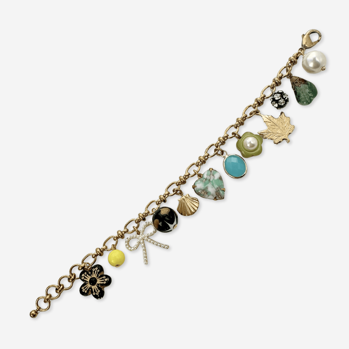 Repurposed vintage multicolor charm bracelet with raw brass chain and lobster claw clasp