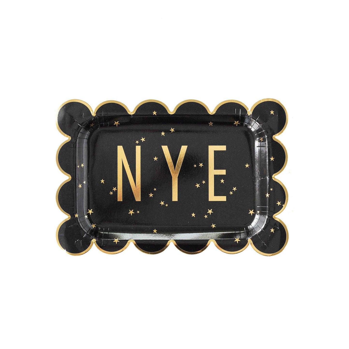 Happy New Year black scalloped paper plate with gold foil accents and NYE lettering
