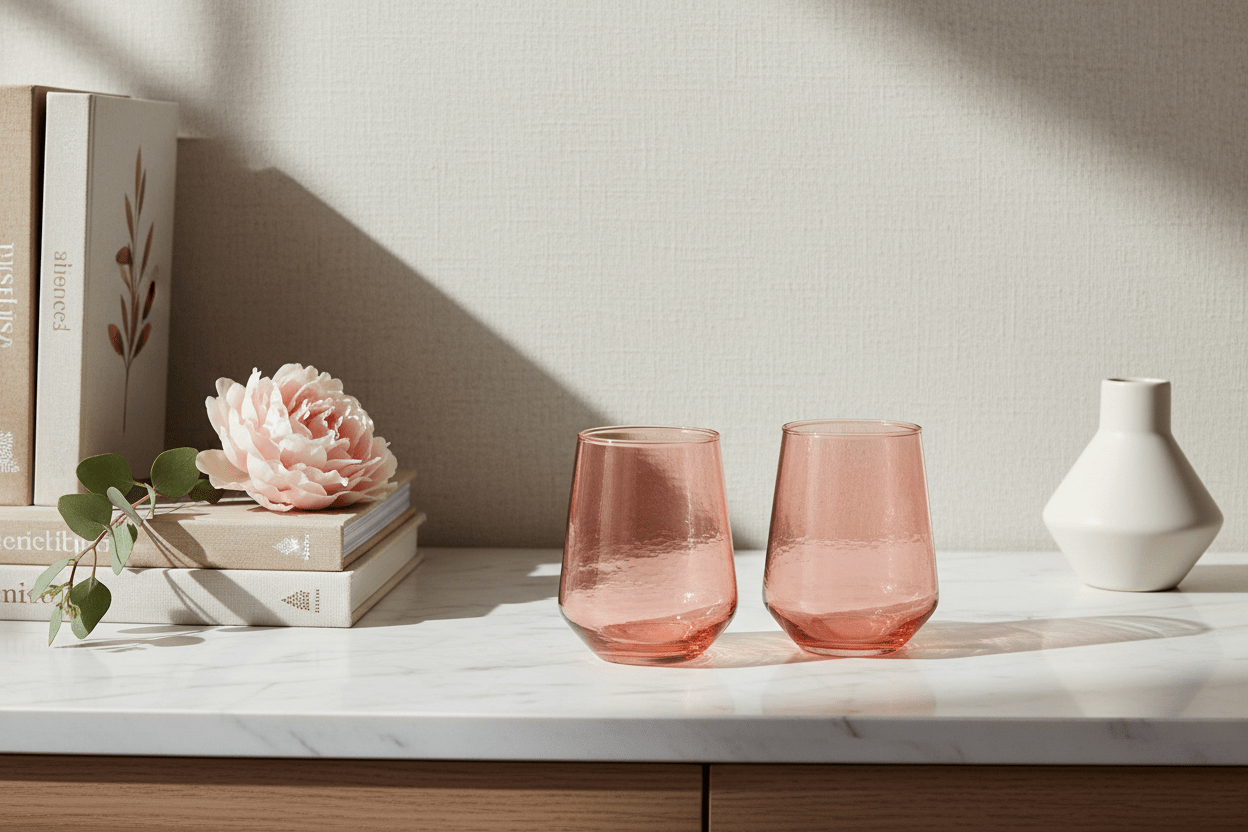 
                  
                    A pair of amber handblown hammered glass water tumblers. - Curated Home Decor
                  
                