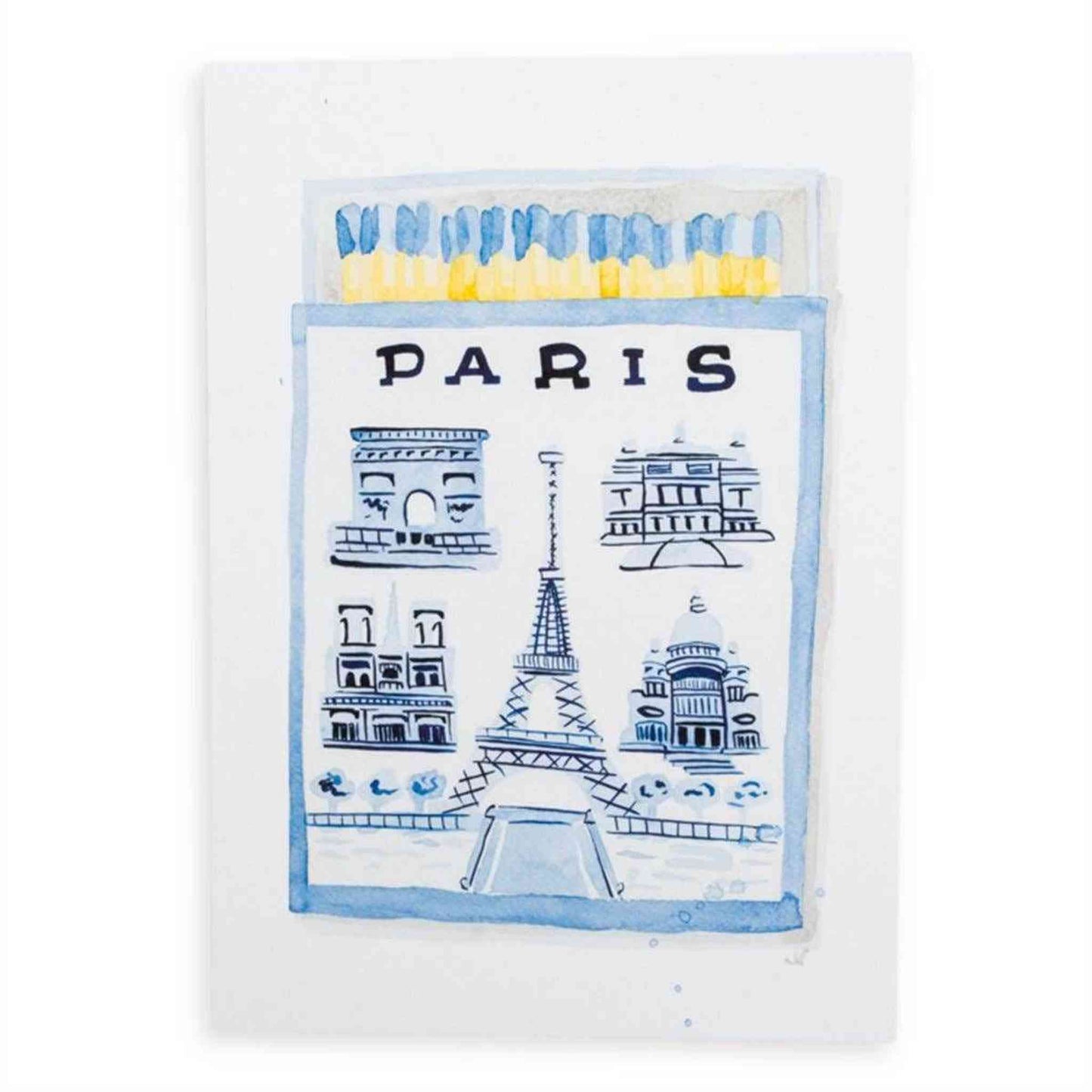 Paris Matchbook watercolor print featuring iconic Paris landmarks like Eiffel Tower and Arc de Triomphe on a 5x7 fine art paper