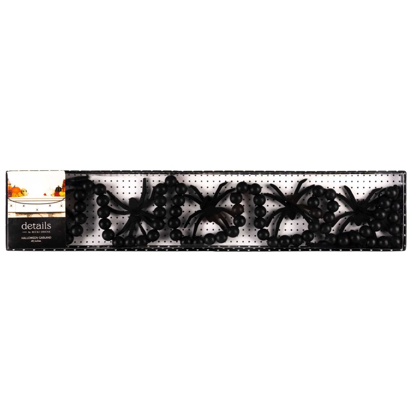 Black Halloween Garland with beaded strand and spider accents, 45 inches long, indoor decorative garland