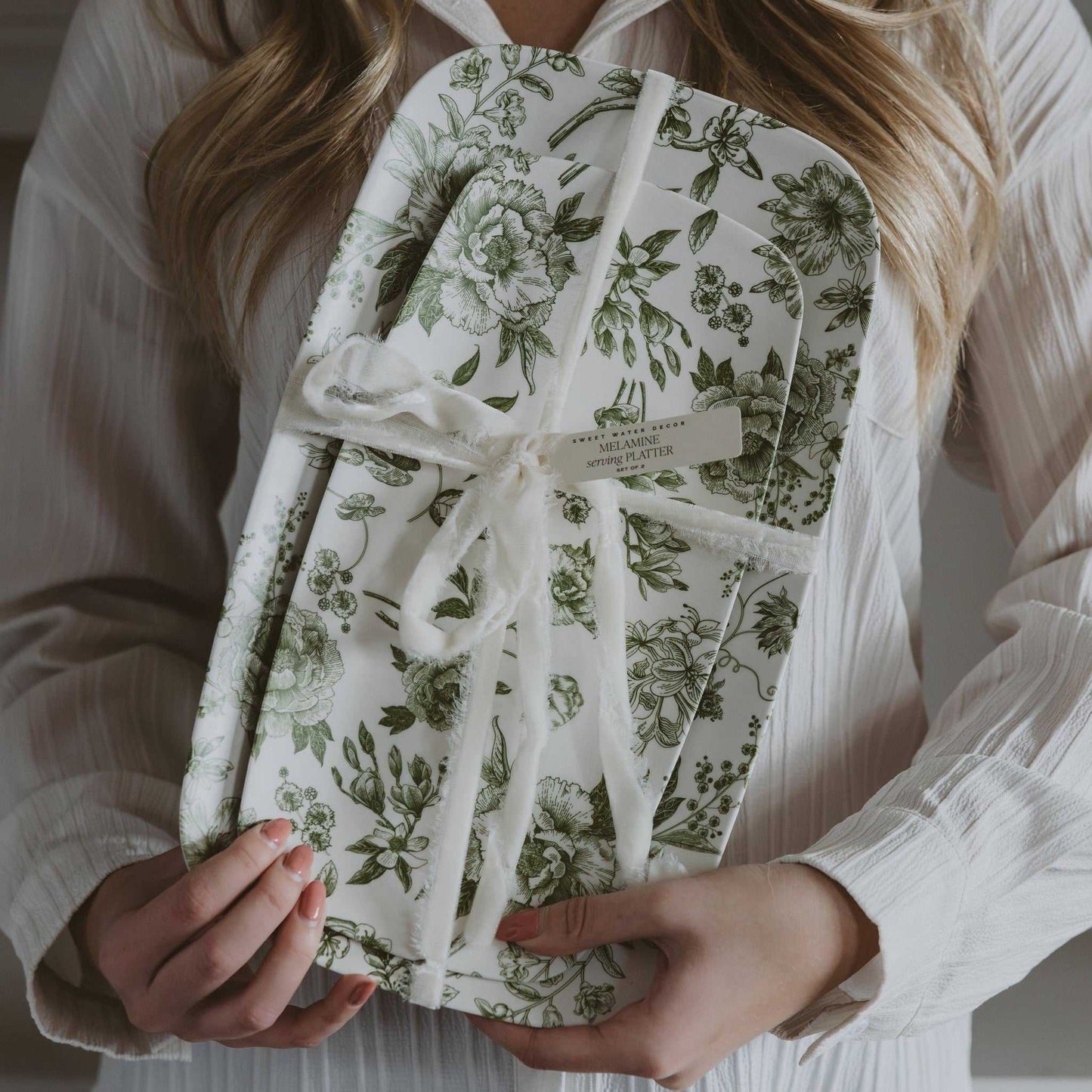 Set of 2 Green Delft stacking melamine trays with vintage floral design, lightweight and durable serving trays for entertaining.