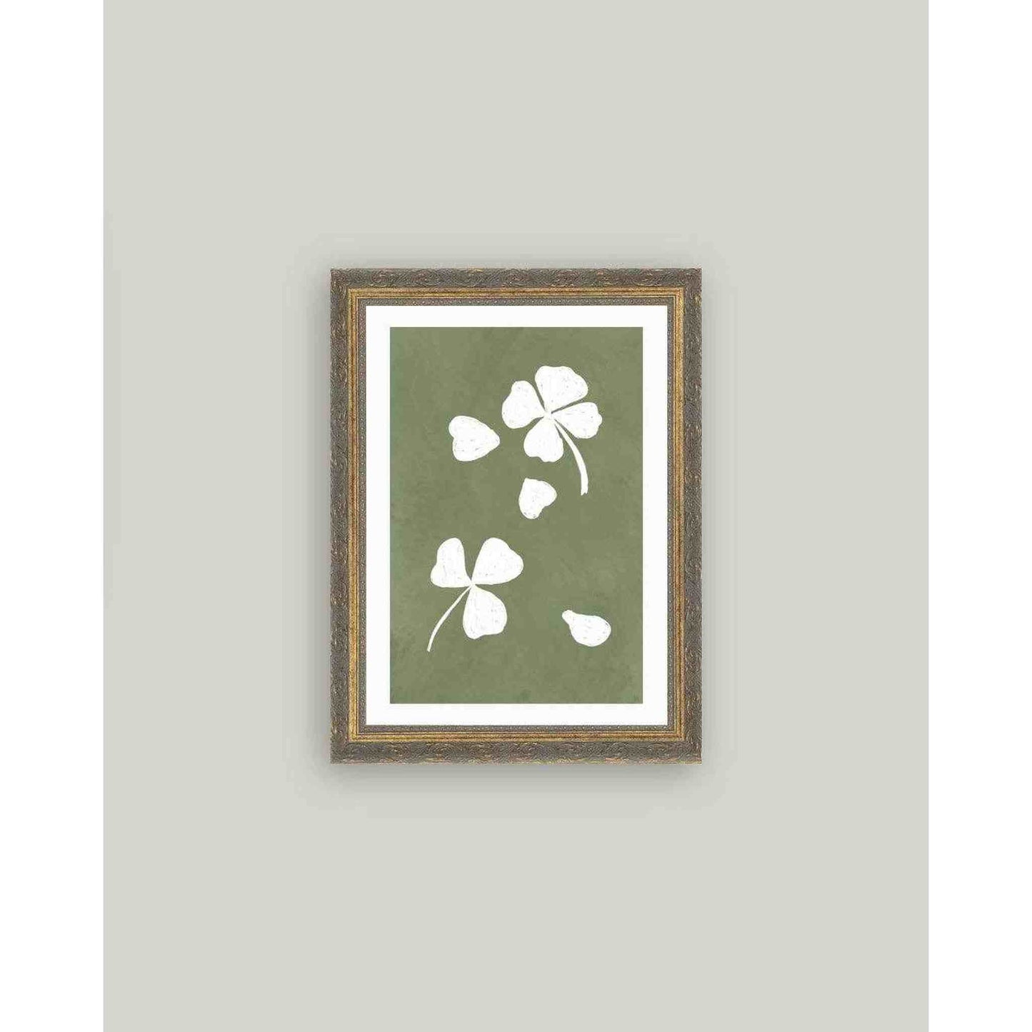 Green Clovers framed antique inspired art print on canvas with ornate handcrafted frame, 12x16 inches, glass-free design