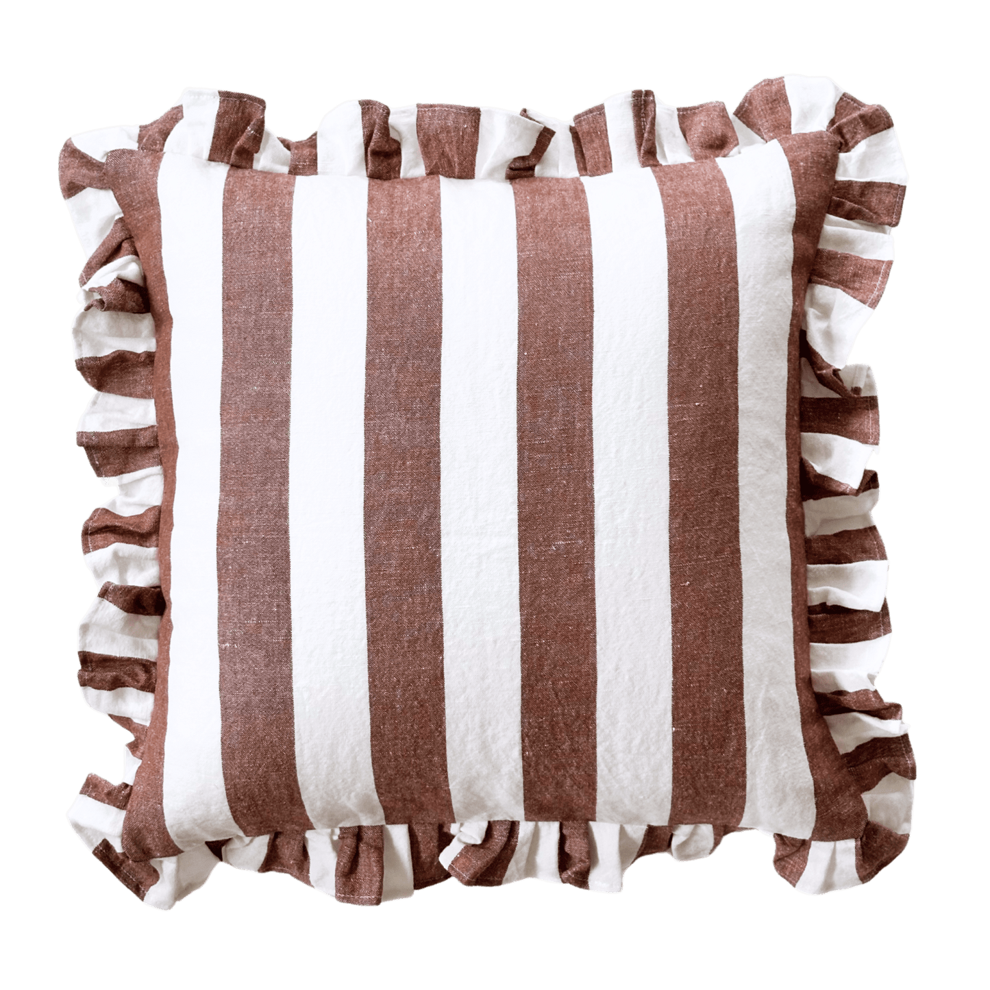 Rust ruffled cabana stripe pillow cover with bold earthy horizontal stripes and invisible zipper closure