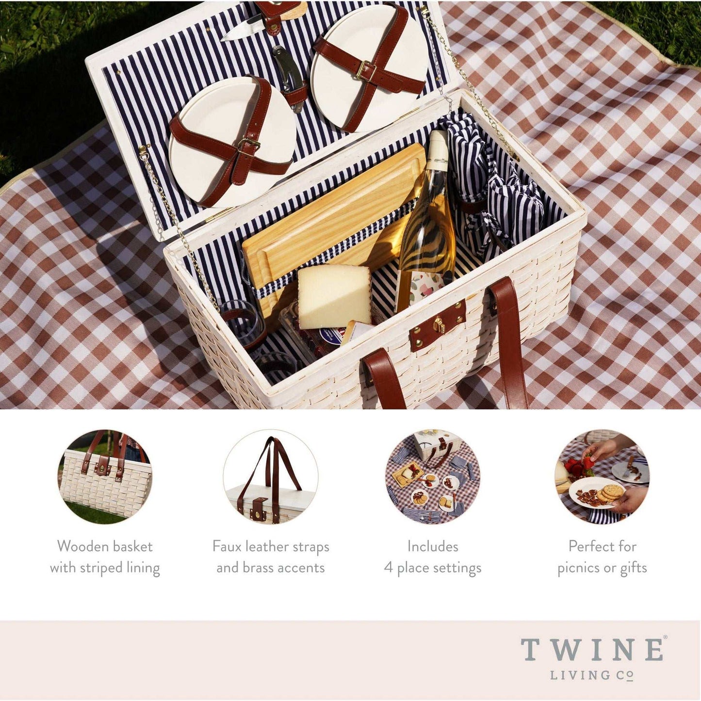 
                  
                    Tahoe Picnic Basket Set for Four in Cream - Curated Home Decor
                  
                