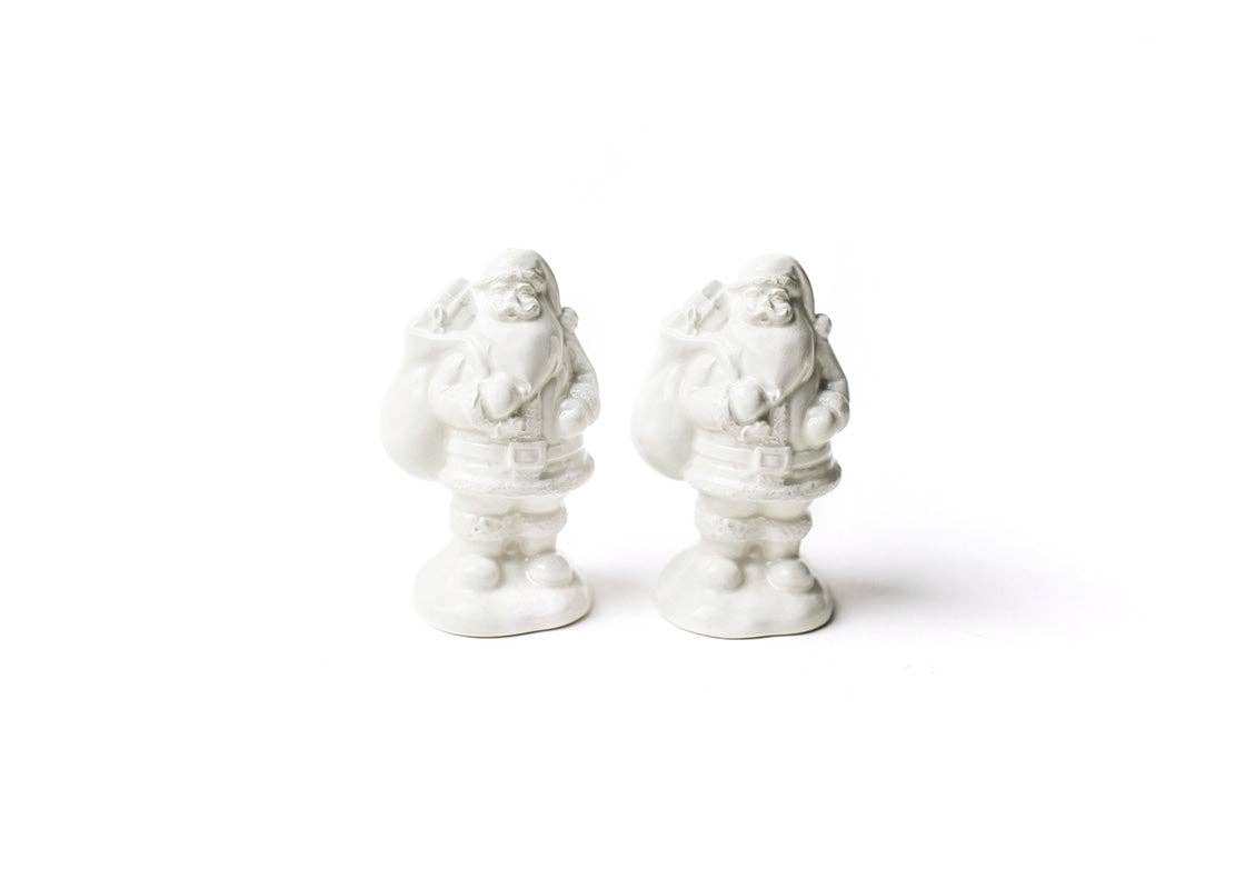 White Santa salt and pepper shaker set with textured bristled brush stroke design for holiday décor